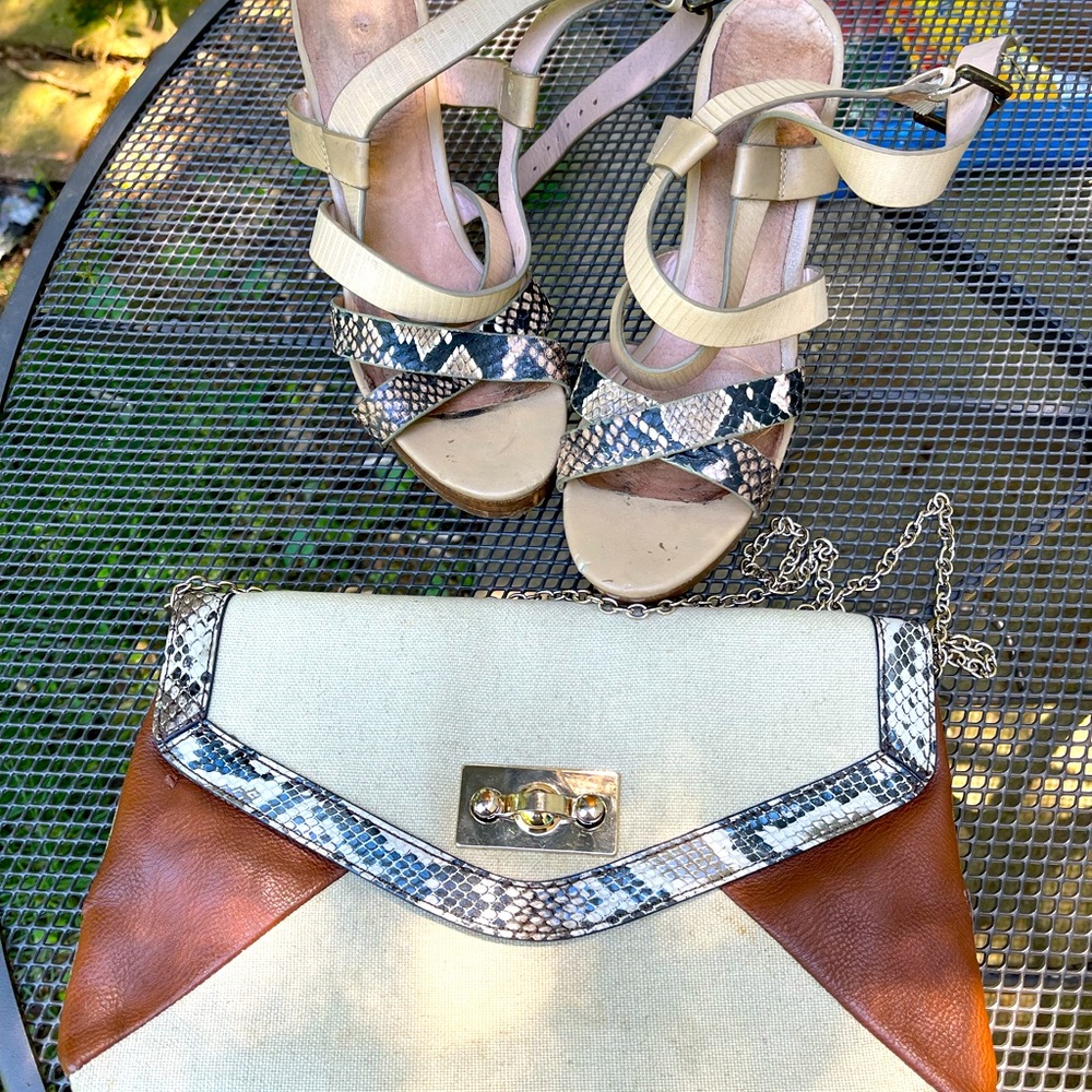 ALDO Pre owned wedge size 8 snakeskin sandals and matching clutch 8